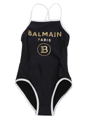 Balmain Kids Metallic Logo Printed Swimsuit