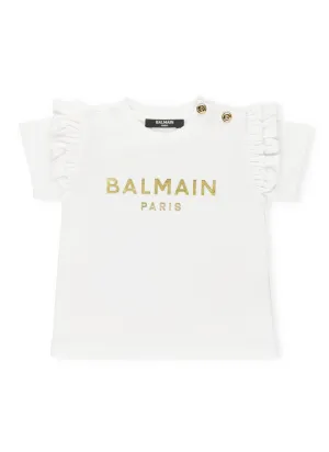 Balmain Kids Ruffled Logo Printed Top