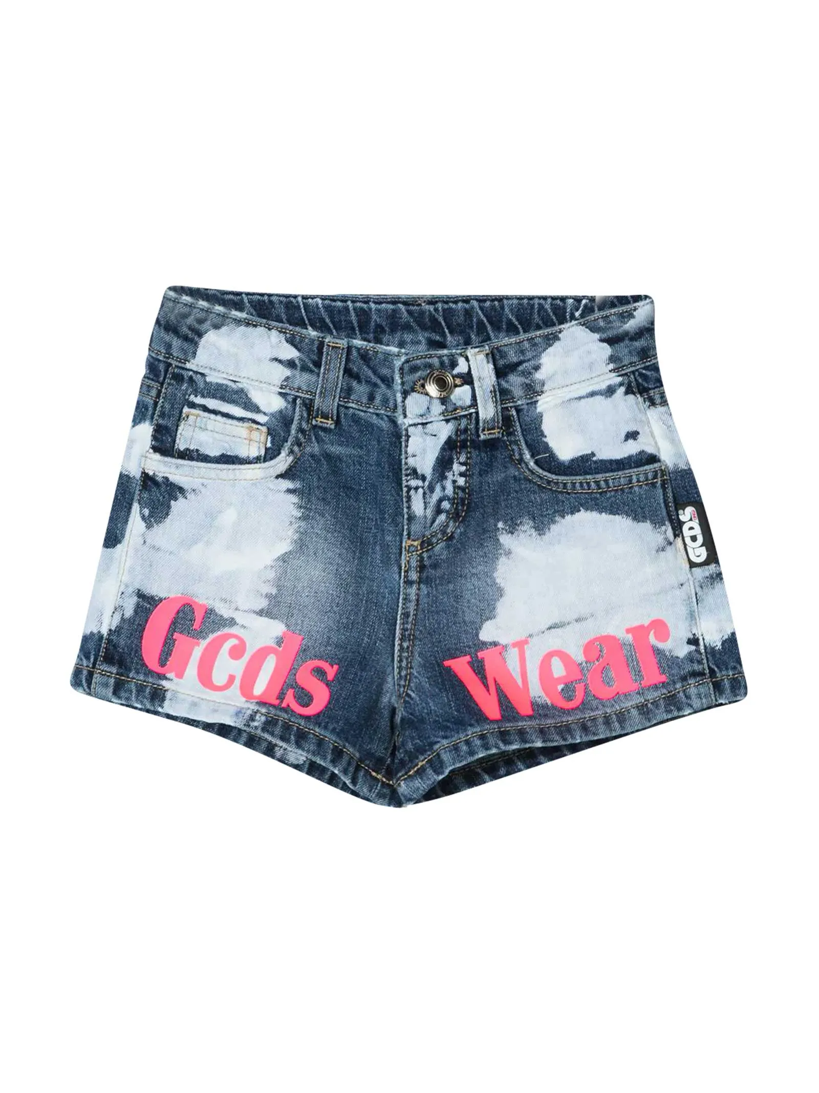 GCDS Kids Logo Printed Bleached Effect Denim Shorts