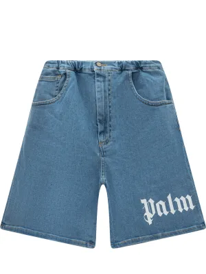 Palm Angels Kids Logo Print Distressed Denim Shorts